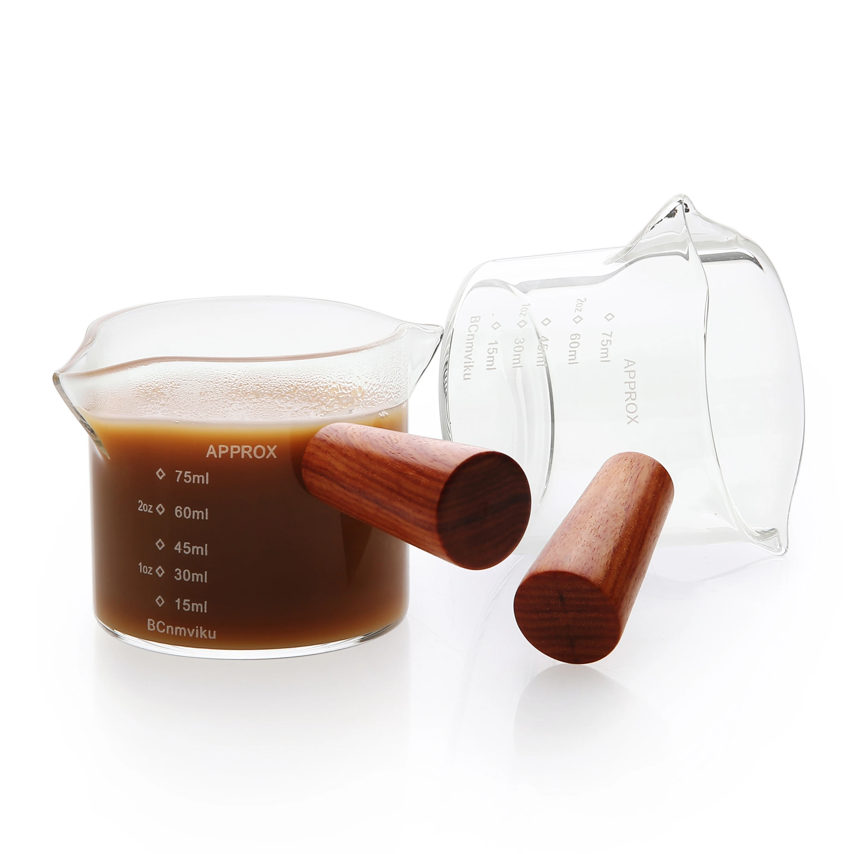 

BCnmviku High Borosilicate Espresso Shot Glass Measuring Cup 75ml Espresso Cup Oz Cup With Scale With Wooden Handle, Transparent clear