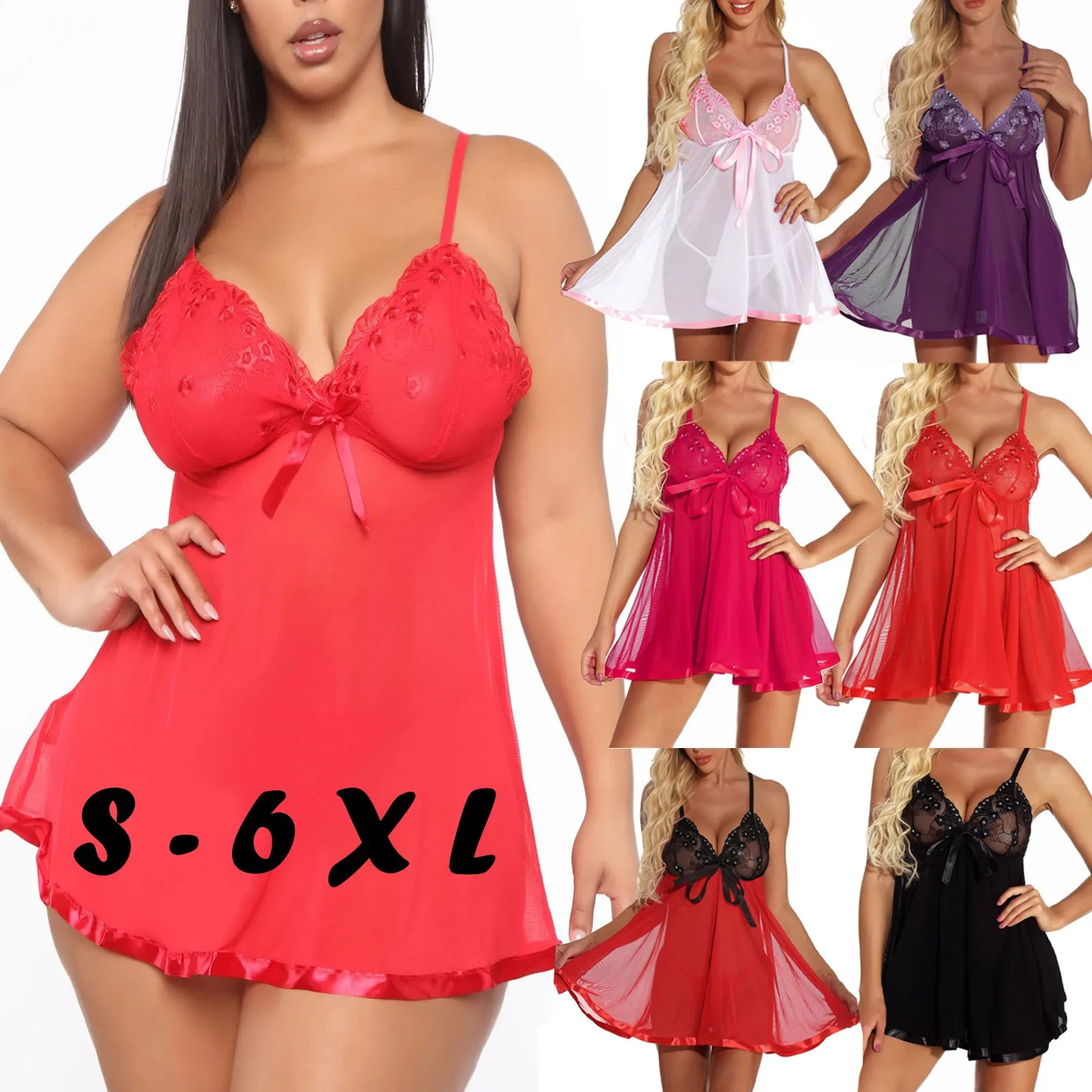 

Night Dress Colorful Lingerie Lace Dress Bow Nightwear Sleepwear Pajamas Nightwear  Sexy Hot Sexy Women Plus Size Lingerie, 1 color