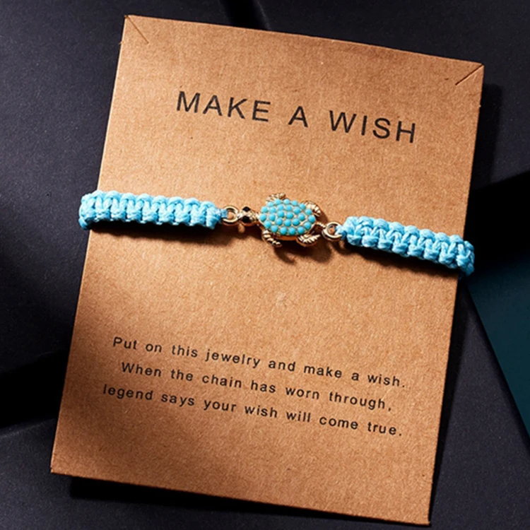 

Fashion Wish Card Blue Wax Cord Handmade Adjustable Braided Rope Women Charm Starfish Dolphin Sea Horse Heart Turtle Bracelet, Gold plated as shown