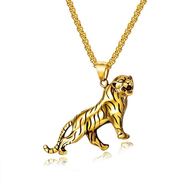 

Mens Fashion Accessories Gifts 18k Gold Plated Stainless Steel Tiger Necklace, 18k gold, silver