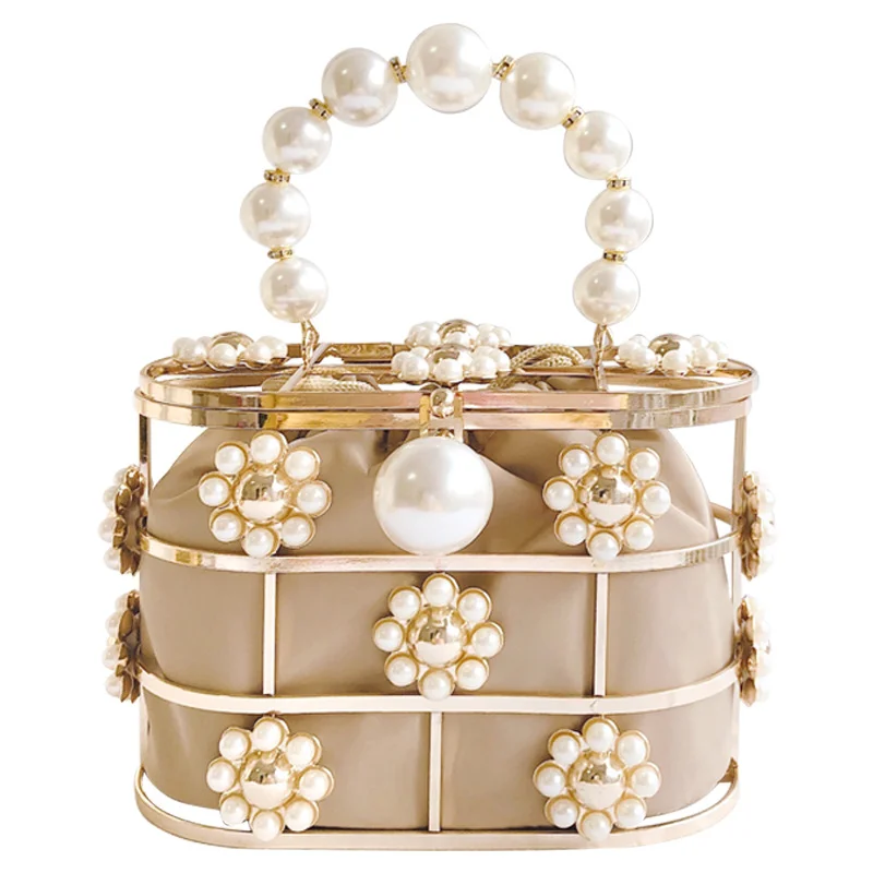 

High quality metal hand bag luxury pearl evening women bag lovely bucket clutch party ladies bag