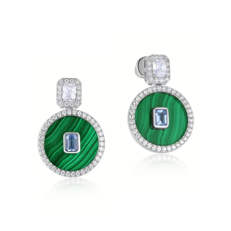 

Luxury 925 Sterling Silver Green Malachite Drop Earrings Shiny Bling Cubic Zirconia And Round Shape Malachite Handging Earrings