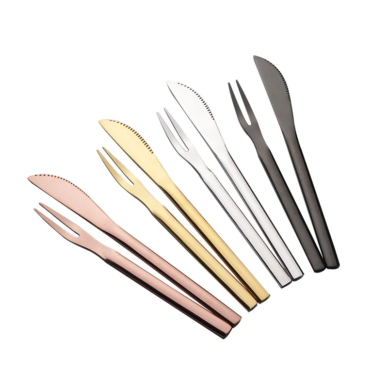 

Factory Wholesale Mini Gold 304 Stainless Steel Fruit Fork Mooncake Dessert Pastry Knife and Fork Set, Silver,gold,rose gold,black