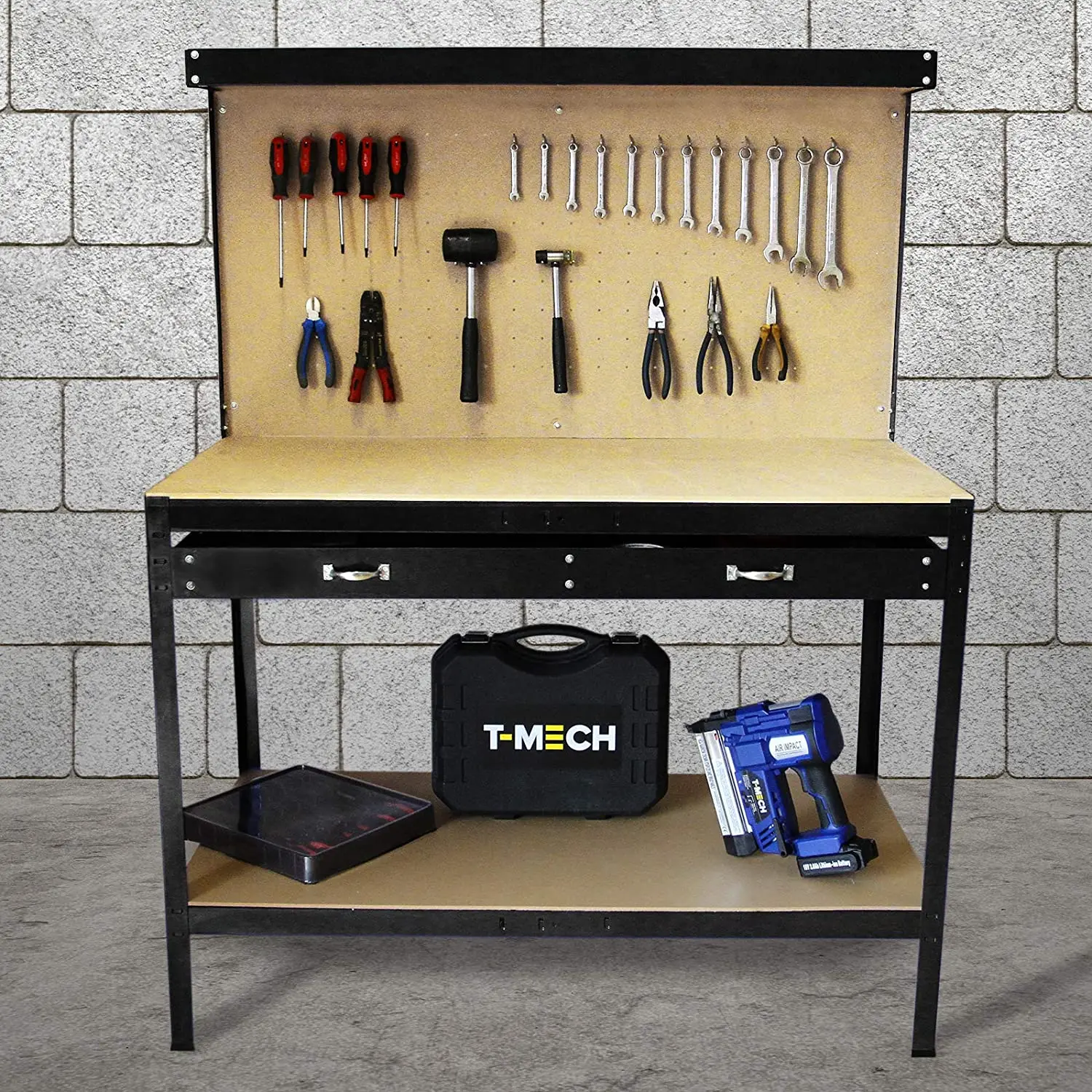 Steel Garage Work Bench Tool Box Workbench Storage With Drawers Pegboard and 12 Pegs Shelf Boltless DIY Workshop Station Heavy Duty 440kg Capacity Blue 