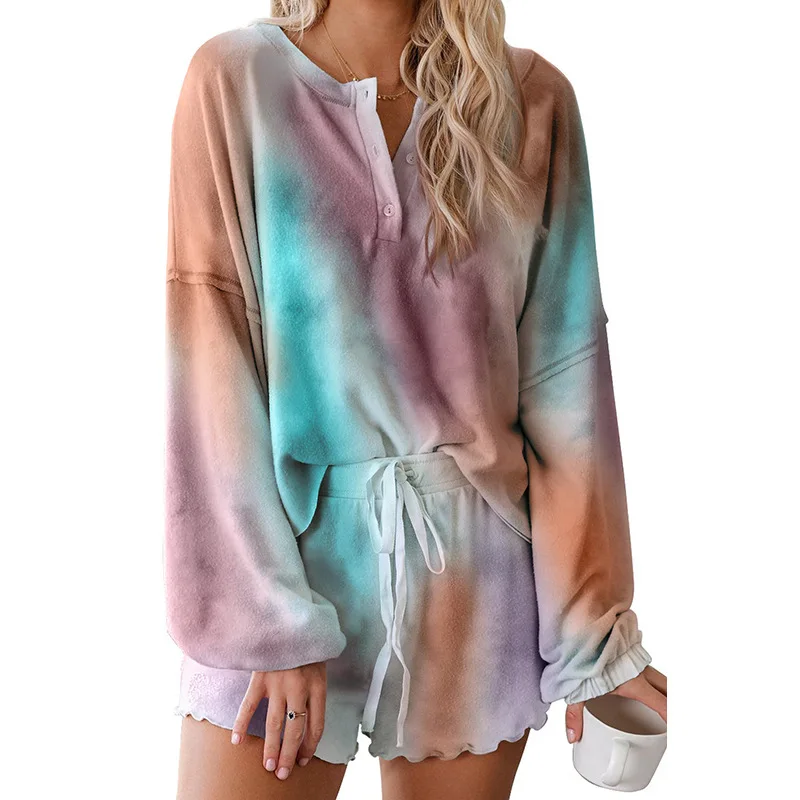 

New Design Tie Dye Long Sleeve Women Pajamas Set O-neck Button Comfortable Ladies Sleepwear Summer