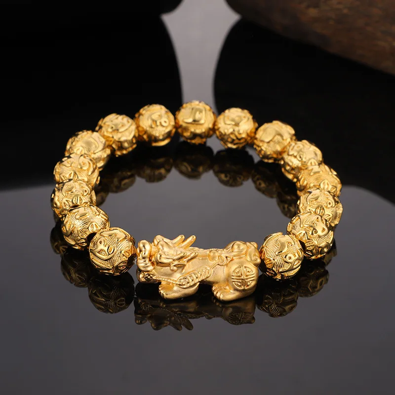 

Fashion Jewelry 24K Gold Plated Carved Inscription Bracelet for Men Lucky Wealth Beaded Bracelets for Women, Golden