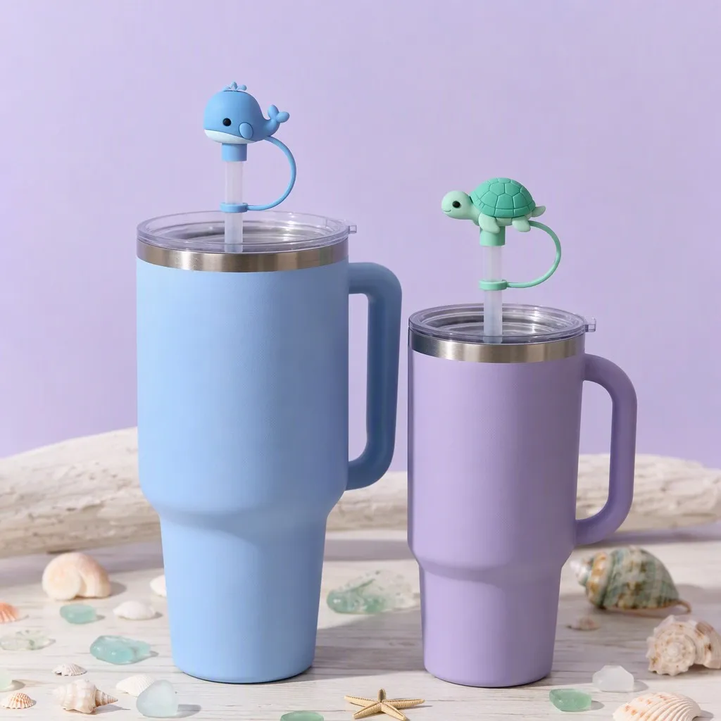 Whale and Sea Turtle Straw Covers on Sky Blue and Purple Stanley Tumblers
