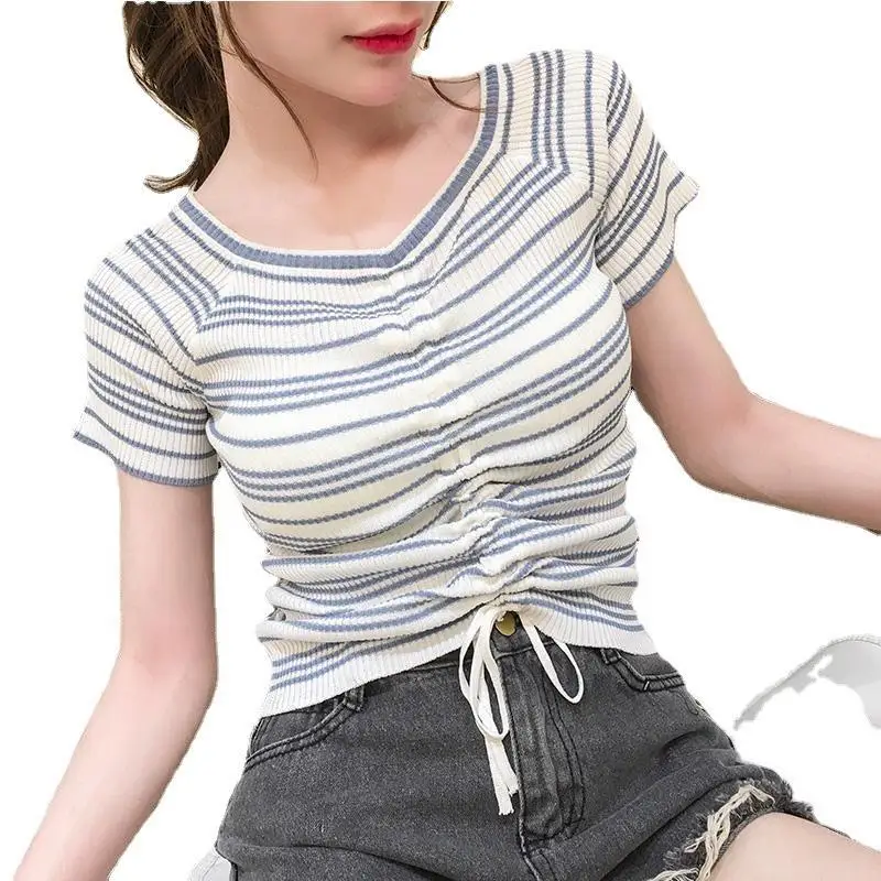 

New polyester Breathable cotton Ruched women's short T-shirt drawstring design Short Sleeve Shirt print stripe blouse, Stripes yellow, white, red, black, blue, pink, apricot