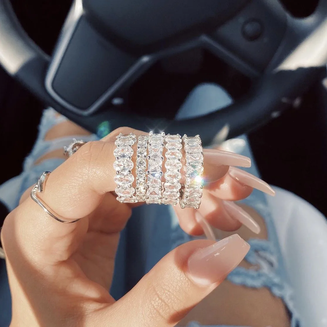 

New Fashion Minimalist Silver Bling Baguette Diamond Ring Cubic Zirconia Heart Ring Crystal Iced Out Ring For Women