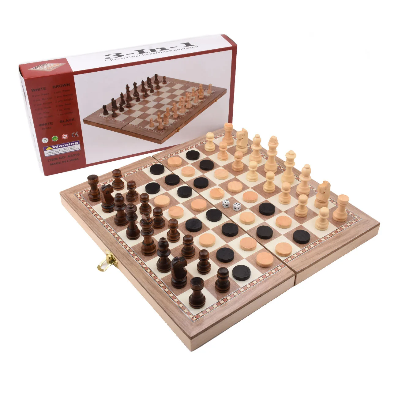 

3-in-1 Wooden Staunton Chess Set with Foldable board Pieces For Kids Teens Adults Storage Slot & boxs Checkers, Brown