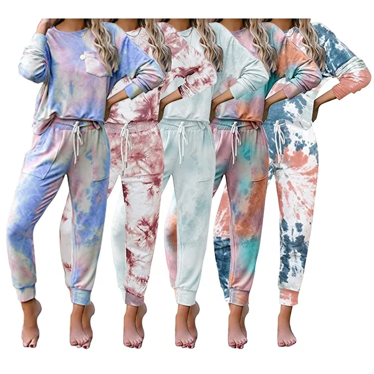 

Printed Homewear Nightwear Loungewear Long Sleeve Pajamas Set Tie Dye Women's Sleepwear, Multiple colors to choose