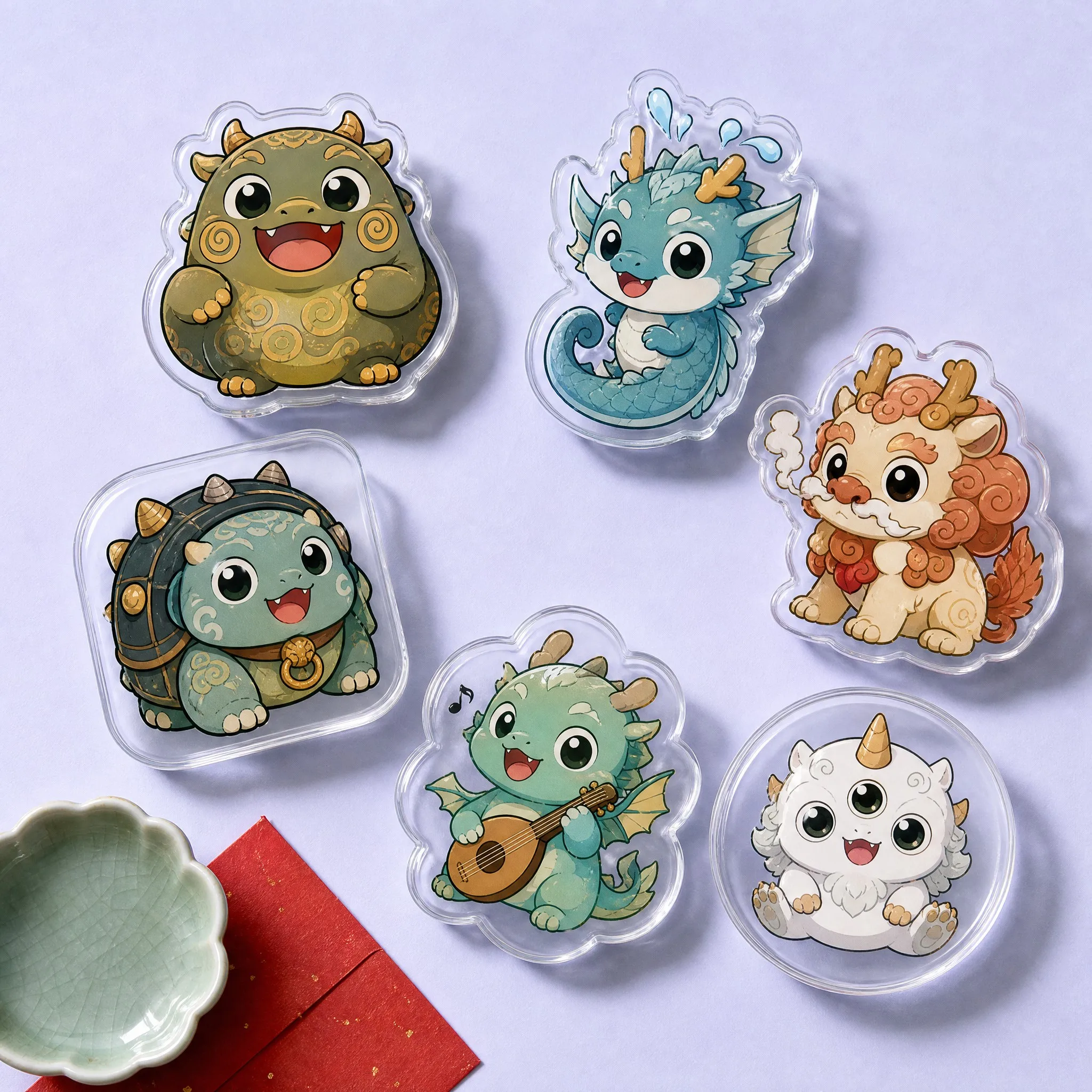 Multiple Acrylic Phone Grip Contour Frames: Taotie Cloud Cut, Water Dragon Splash, Lion Suanni Smoke, Dragon Turtle Rounded Square, Pipa Dragon Flower Frame, Bai Ze Disc