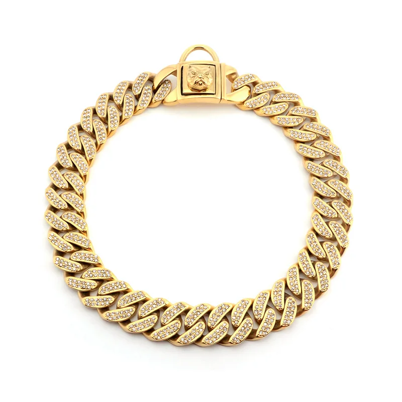 

Wholesale Luxury High Quality Bulldog Bullies Pitbull Dog Gold diamond Plated Cuban Link Dog Chain Collar, Customized color