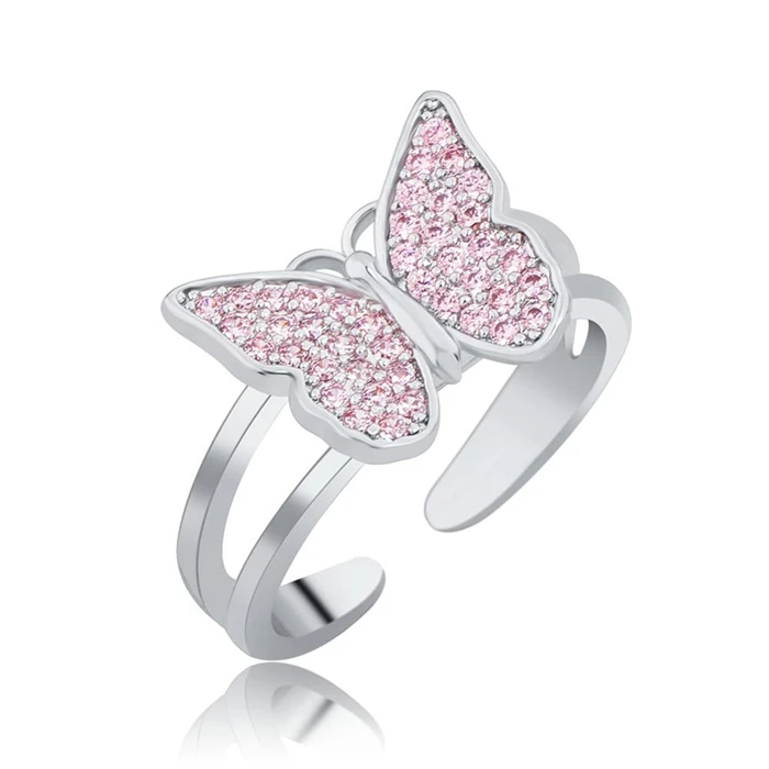 

Adjustable Iced Out Pink Open Butterfly Rings 925 Silver Rings Jewelry Women, Pink/ silver