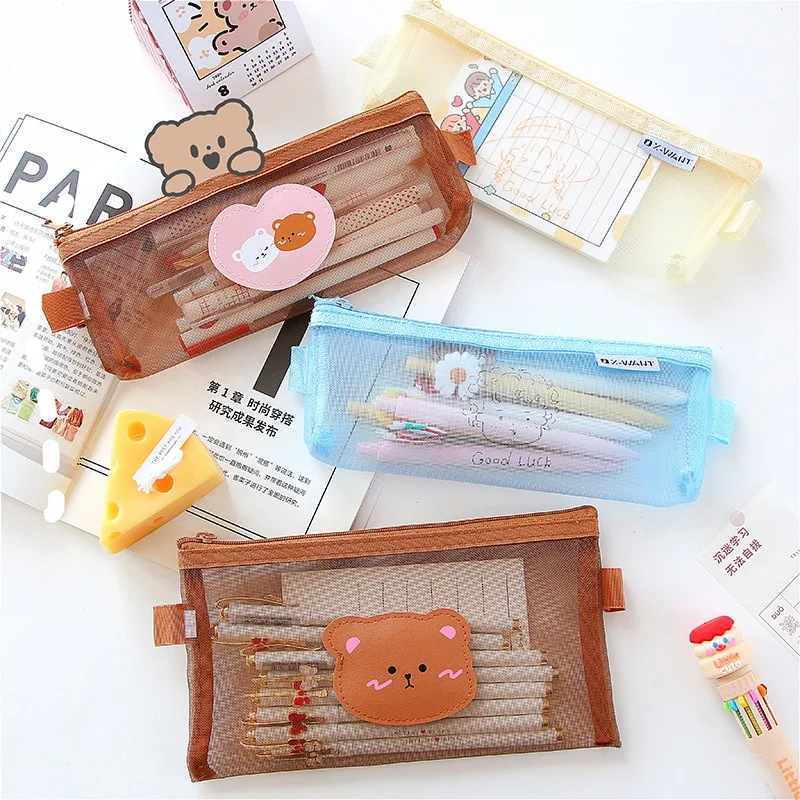 

large capacity stationary pouch soft manufacturer school girl canvas cartoon transparent Mesh yarn stationery box pencil case