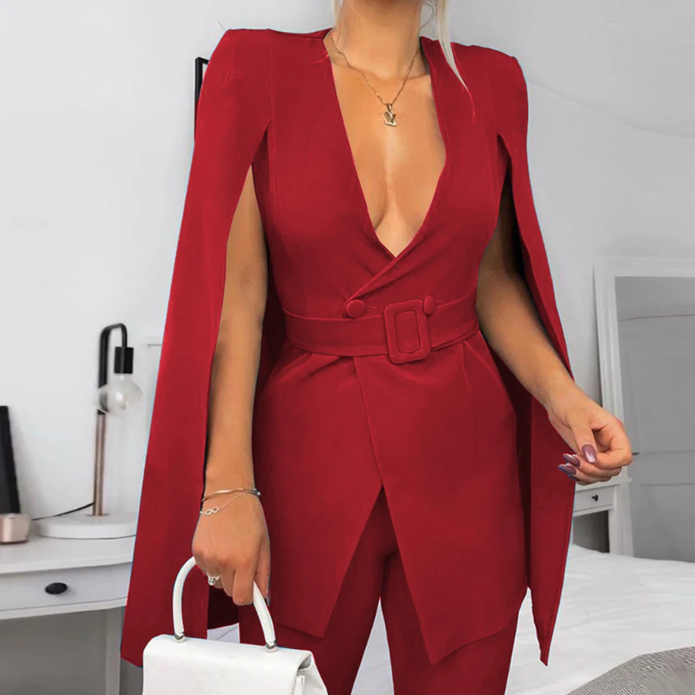 

2022 New Year Fashion V Neck Clock Sleeves Waist Belt Elegant Women Blazer