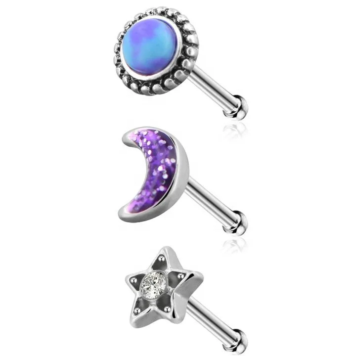 

316L Surgical Steel Enamel Indian Nose Ring Stud Piercing Jewelry, Steel color