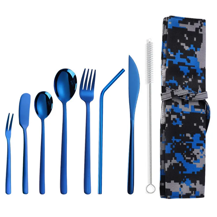 

H206 8pcs / Set Portable Eco Friendly Tableware With Camouflage Bag Stainless Steel Flatware Sets Spoons Fork Knife Set, Multi colour