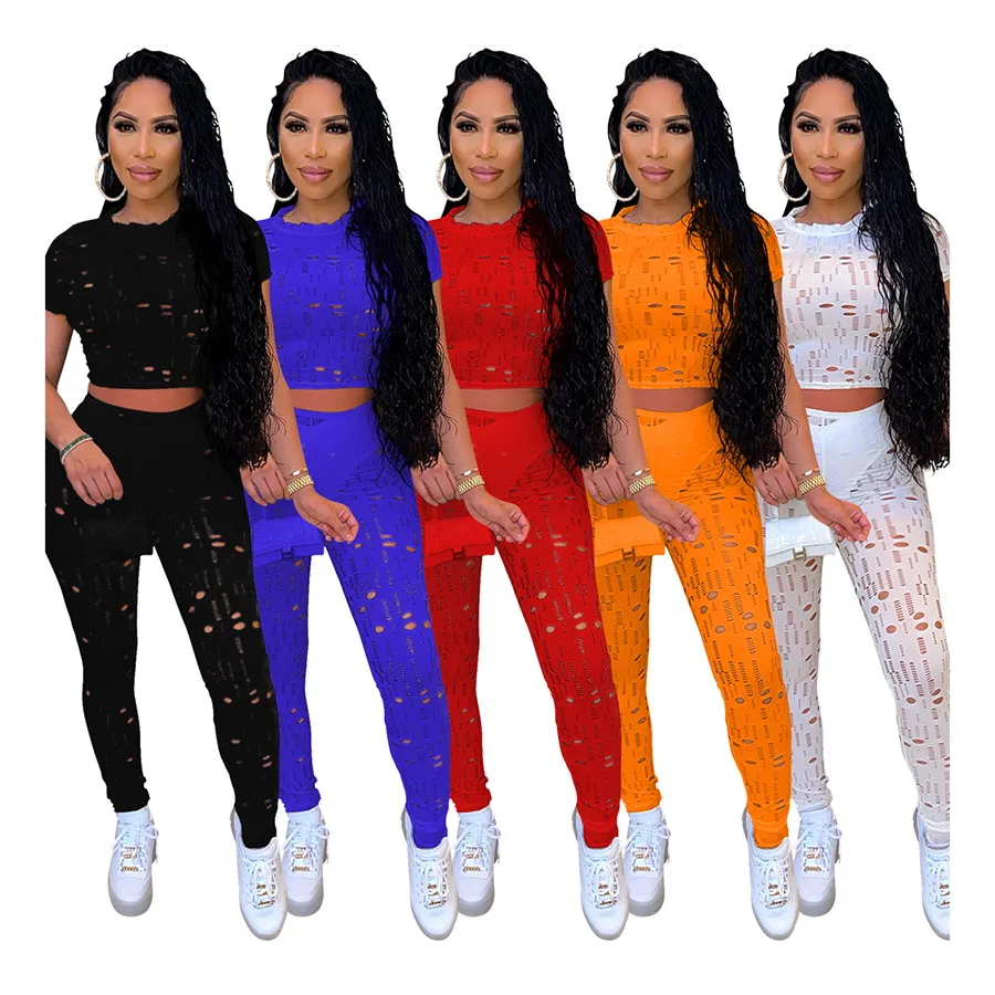 

Foma CY9173 new fashion casual suit short sleeve crop top and long pants women sexy hollow out two piece set, 5 colors