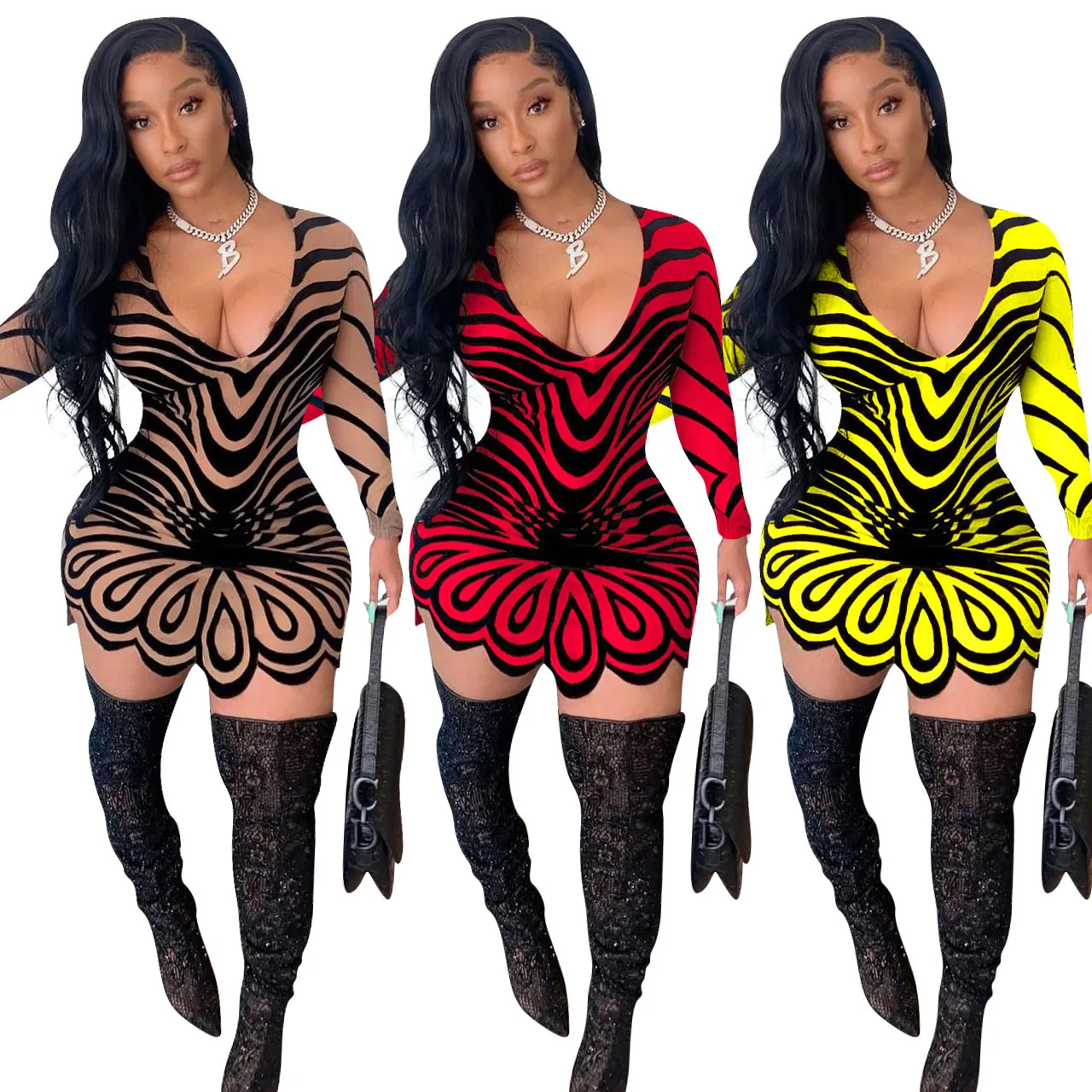 

Yingchchao 2021 Hot Trendy One Piece Women Plus Size Dresses Sexy Club Dresses Short Women Vintage Long Sleeve Dress Bodycon