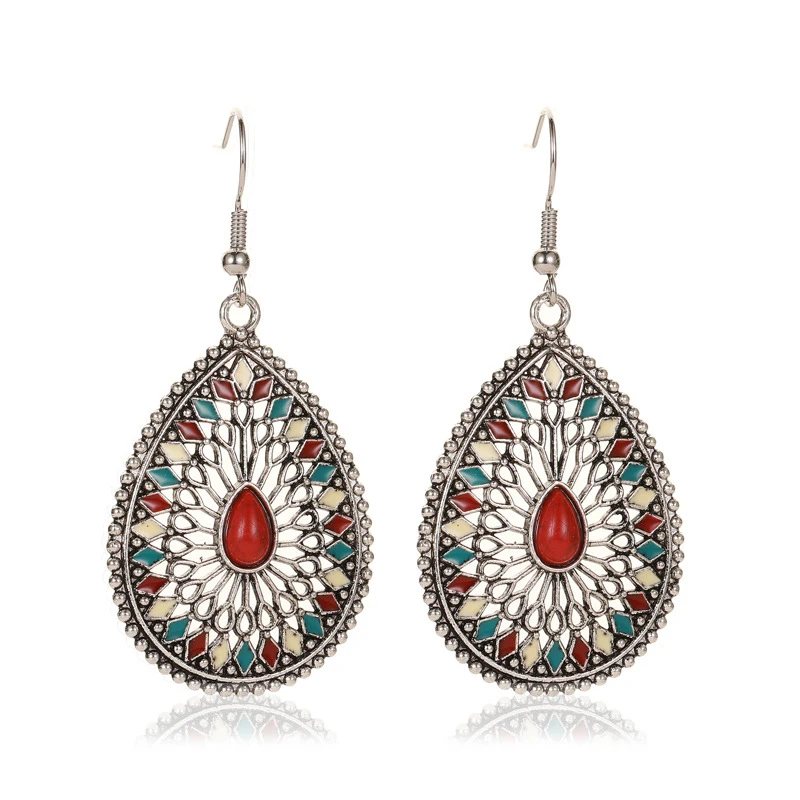 

2021 Earrings Trend Elegant Boho Earrings For Women Ancient Silver Drop Oil Carving Flower Tear Drop Earrings