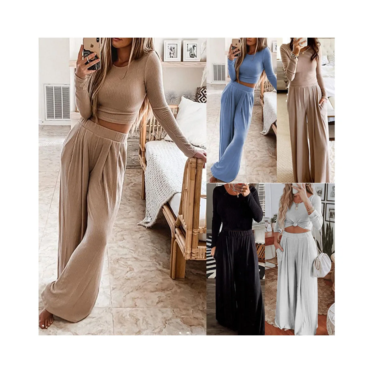 

2021 New Fashion European and American Round Neck Long Sleeve Two Piece Set Slim Jumpsuit For Women