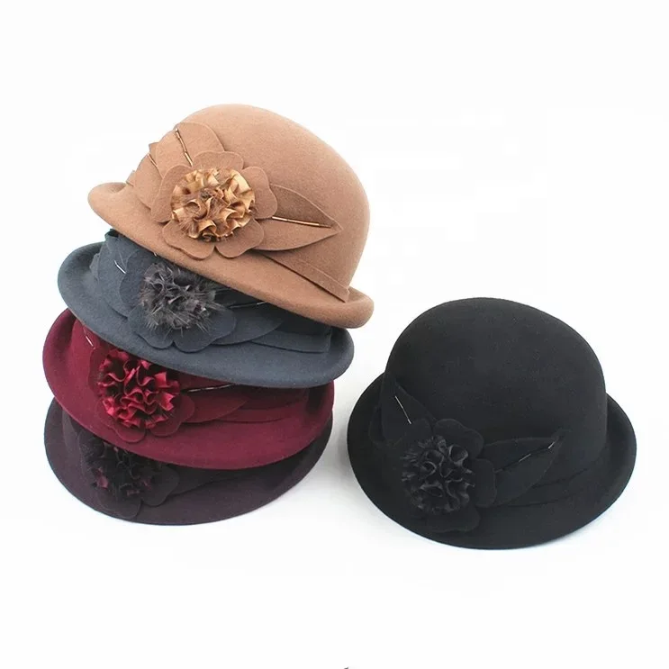 Luxury Quality Custom Equestrian Beret Cap Winter Cloche Church Bowler Flower Trim Wool Felt Hat for Elegant Women Lady Fashion