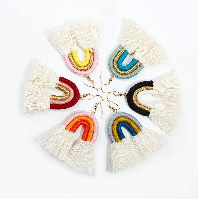 

Minority Creative New Rope Woven Bohemian Custom Earrings With Strings Rainbow Knitting Vintage Earrings