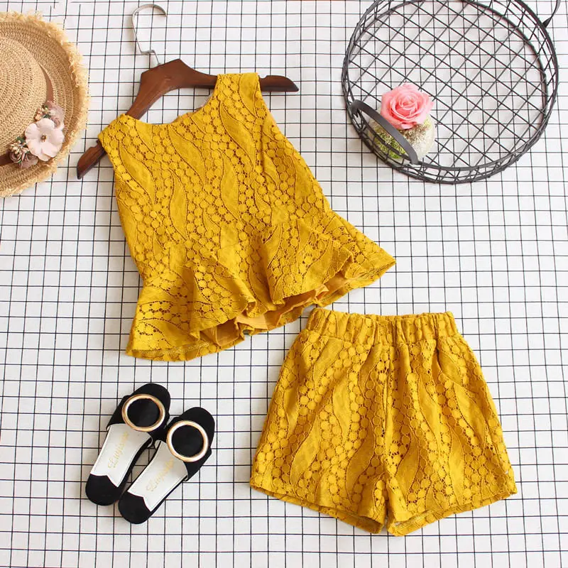 

Fashion children's clothing vest shorts suit kids girls Lace solid color baby girl sleeveless tops + shorts clothes