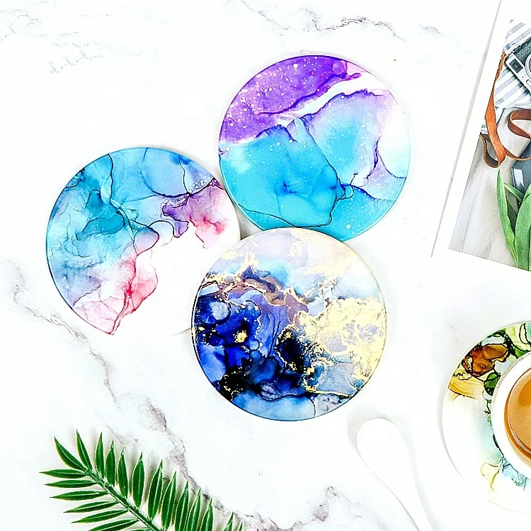 

Custom made marble style tea coffee round ceramic cup coasters mug table cup mats&pads set with holder for drink wholesale
