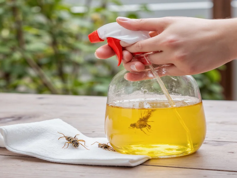 Homemade wasp killer mixture in spray bottle with dish soap