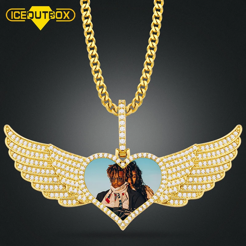 

Custom Made Photo With Big Wings Love Medallions Necklace & Pendant Bling Cubic Zirconia with Tennis Chain Men's Hip hop Jewelry, Silver gold