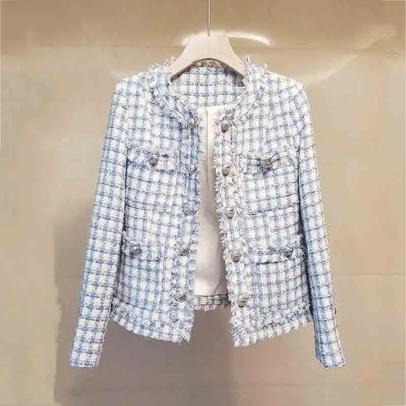 

Fashion Small Fragrant Wind Blue Pink Plaid Button Tweed Women Winter Jackets Coats