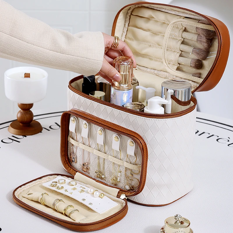 

2023 New Makeup Bag Portable PU Leather Waterproof Toiletry Pouch Travel Bag with Multifunctional Brush Cosmetic Bag for Women