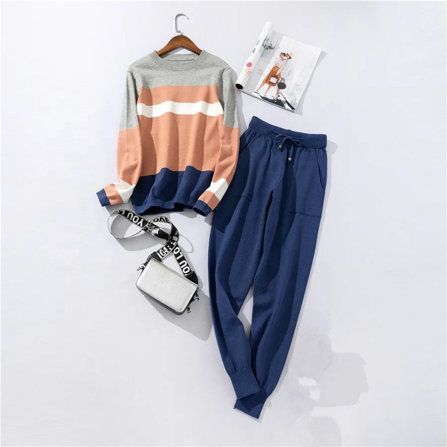B24016A Women's knitted sweater + pants set knitted sportswear strip stitching wool knitted set