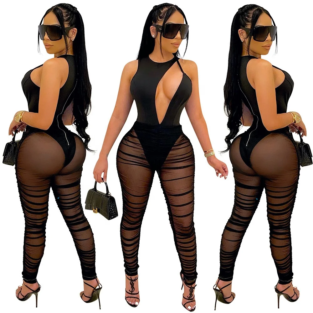 

Hot Sale Hollow Out Sleeveless Back Zipper Ladies Nightclub Jumpsuit Sexy Mesh Splice Bodycon Women Jumpsuit 2021, Picture