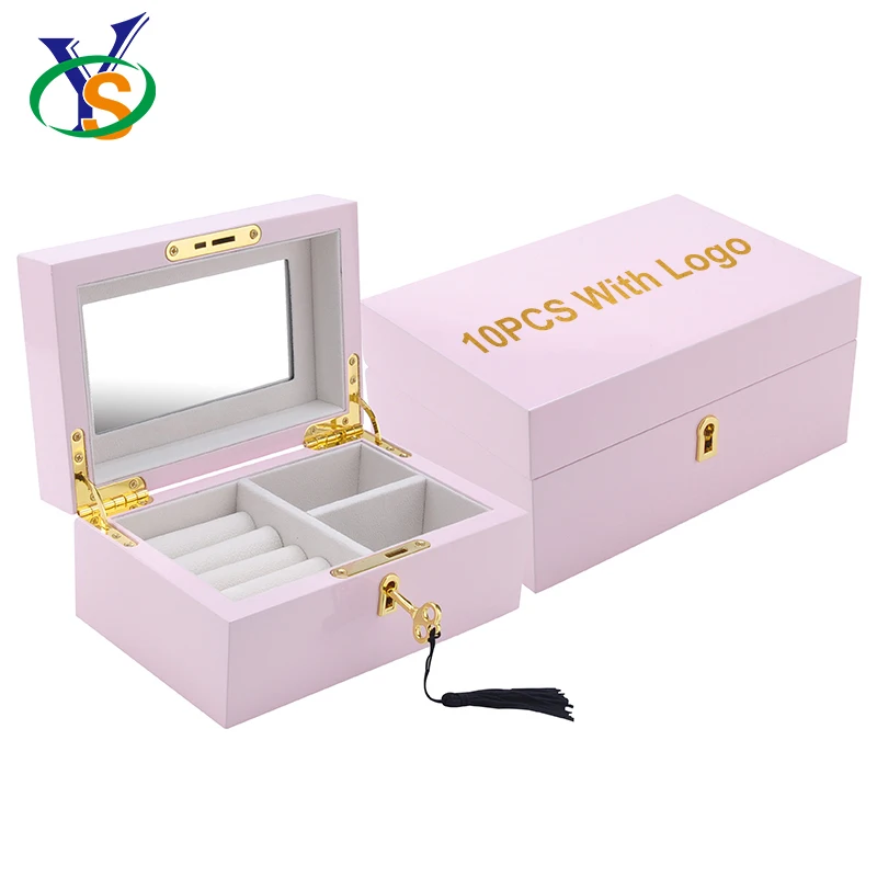 

Wholesale mdf high lacquer jewellery storage case luxury gift mirror wooden jewelry box with lock, Pink