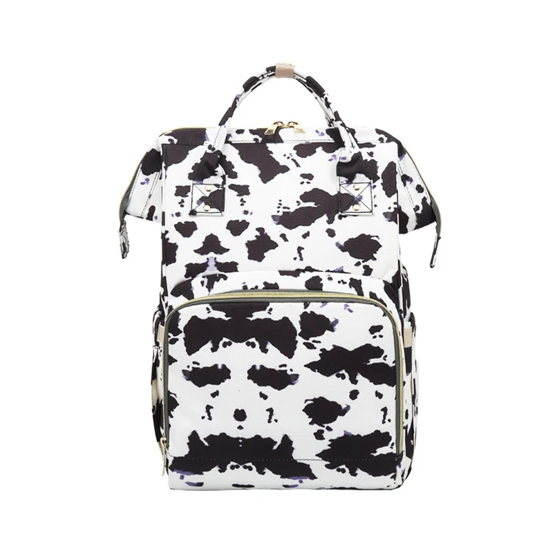 

New Fashion Mom And Dad Handbags Wholesale Custom Logo Large Capacity Zipper Cow Print Diaper Backpack, As pic show