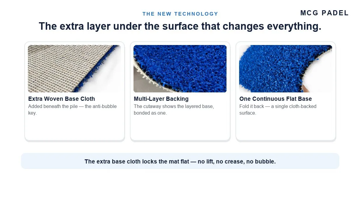 Three close-ups of the new padel turf construction: extra woven base cloth, multi-layer backing bonded as one, and one continuous flat base