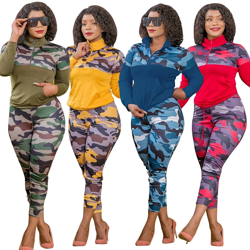 

2021 Autumn/Winter Fashion Women's Sweatshirt Zip Stand Collar Top and Camouflage Pants Patchwork Two Piece Set