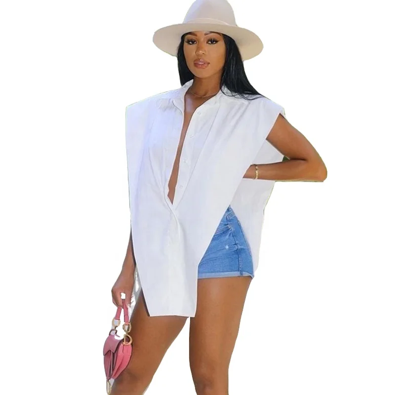 

Cheap Fashion 2021 new sexy shirts Sleeveless Design blouse woman top Elegant Polyester women's blouses for women