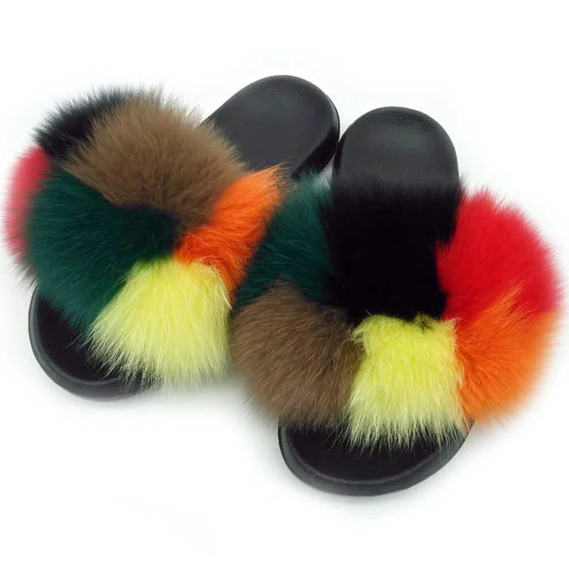 

Wholesale Customizable 2020 Fashion EVA Kids Fur Rainbow Slippers Ladies Fluffy Furry Faux Fox Fur Women's Slippers