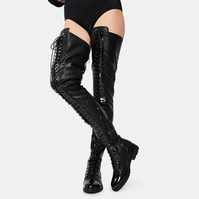 

Sizes Custom Lace up Over the Knee Women Boot Flat Thigh High Women's Plus Size 45 Round Toe Flats Shoes, Black