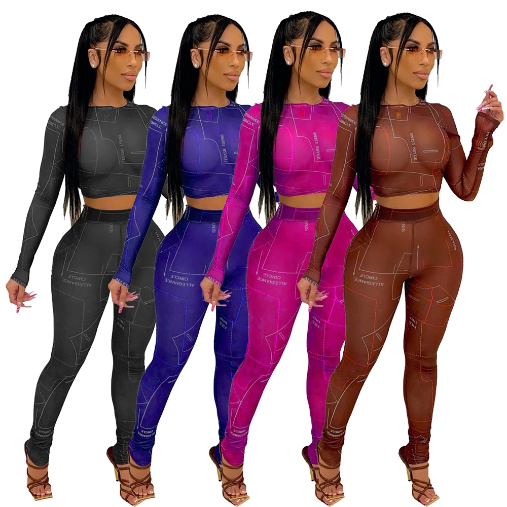 

Defeng 2021 New Fall Print Letter Two Piece Pants Set Women Casual Clothing Mesh See Through Sexy 2 Piece Set