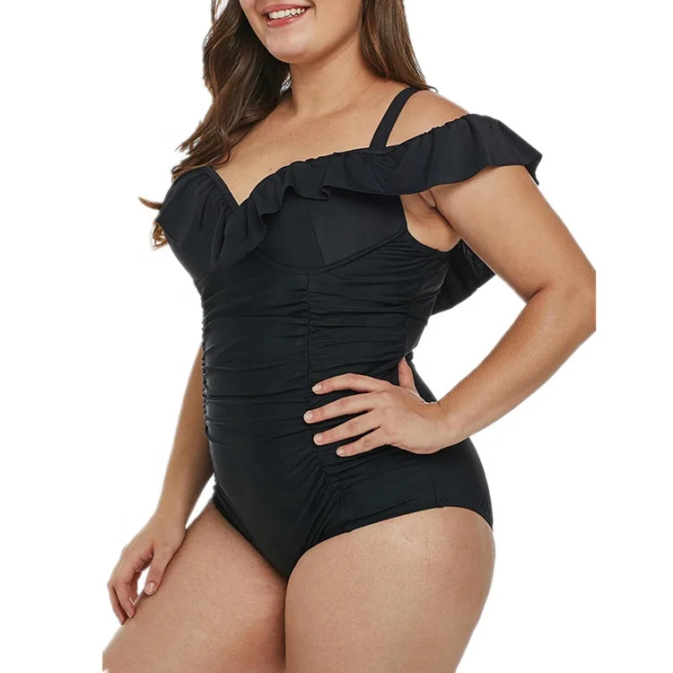

Solid color large size one-piece swimsuit v-neck woman ruffle swimsuit