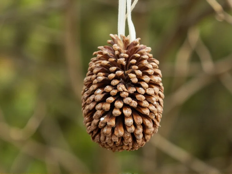 Pinecone covered in seeds hanging from ribbon