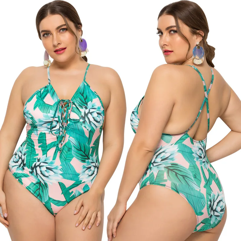 

New Fat Lady One Piece Large Size Plus Fat Swimsuit Halter Strap Printed Swimsuit, Black