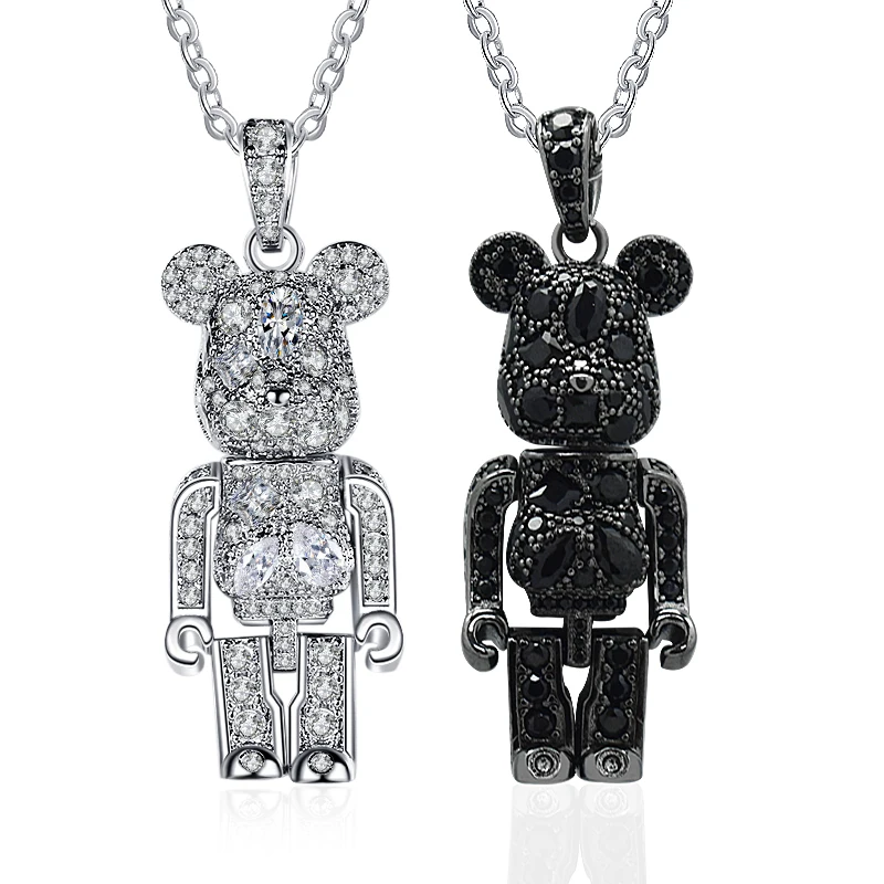 

In stock! Hip Hop Ice Out Bear Pendant Necklace Black and Silver Pendant Chain Necklace Couple Necklace, Silver color