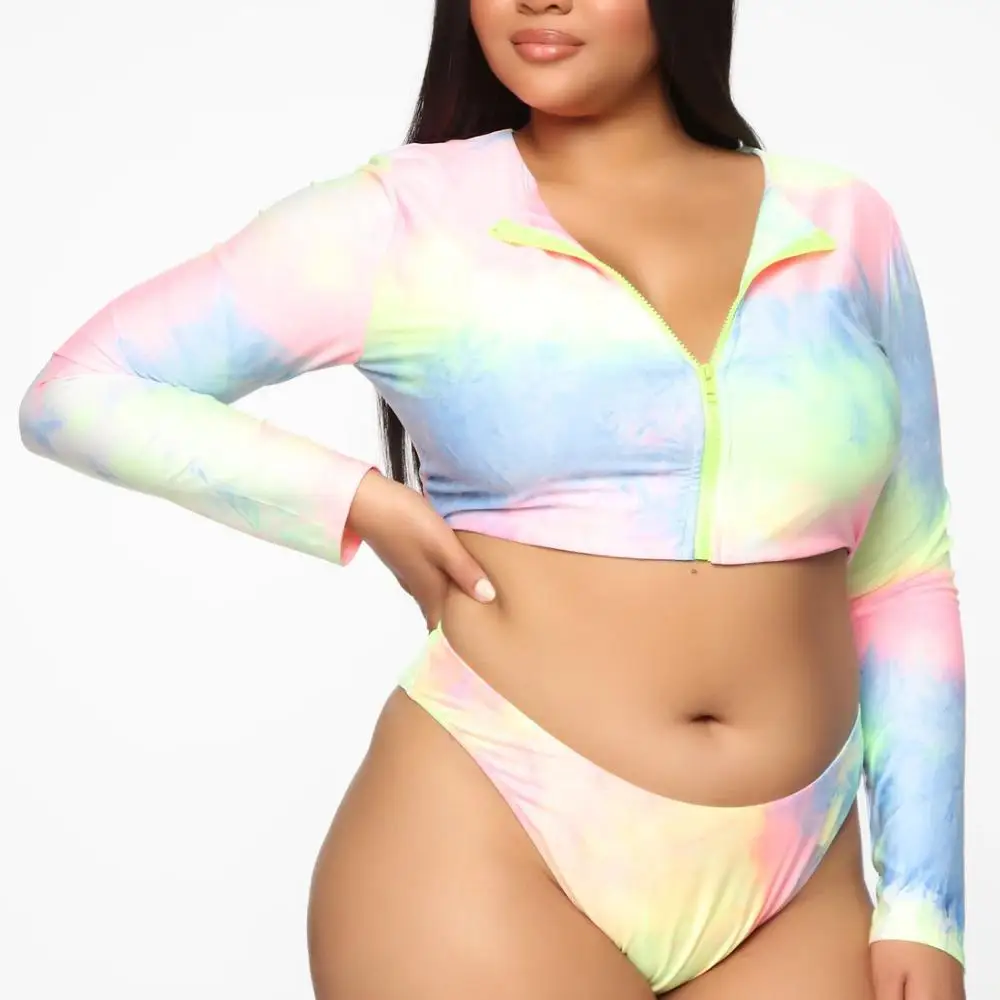 

Trendy Zipper Tie Dye Long Sleeve Swimwear Wrap Rainbow Print Bathing Suits Women Plus Size Two Piece Beachwear