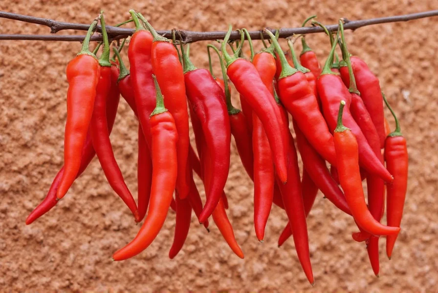 Close-up photograph of Chimayo peppers hanging to dry in traditional ristra arrangement against adobe wall